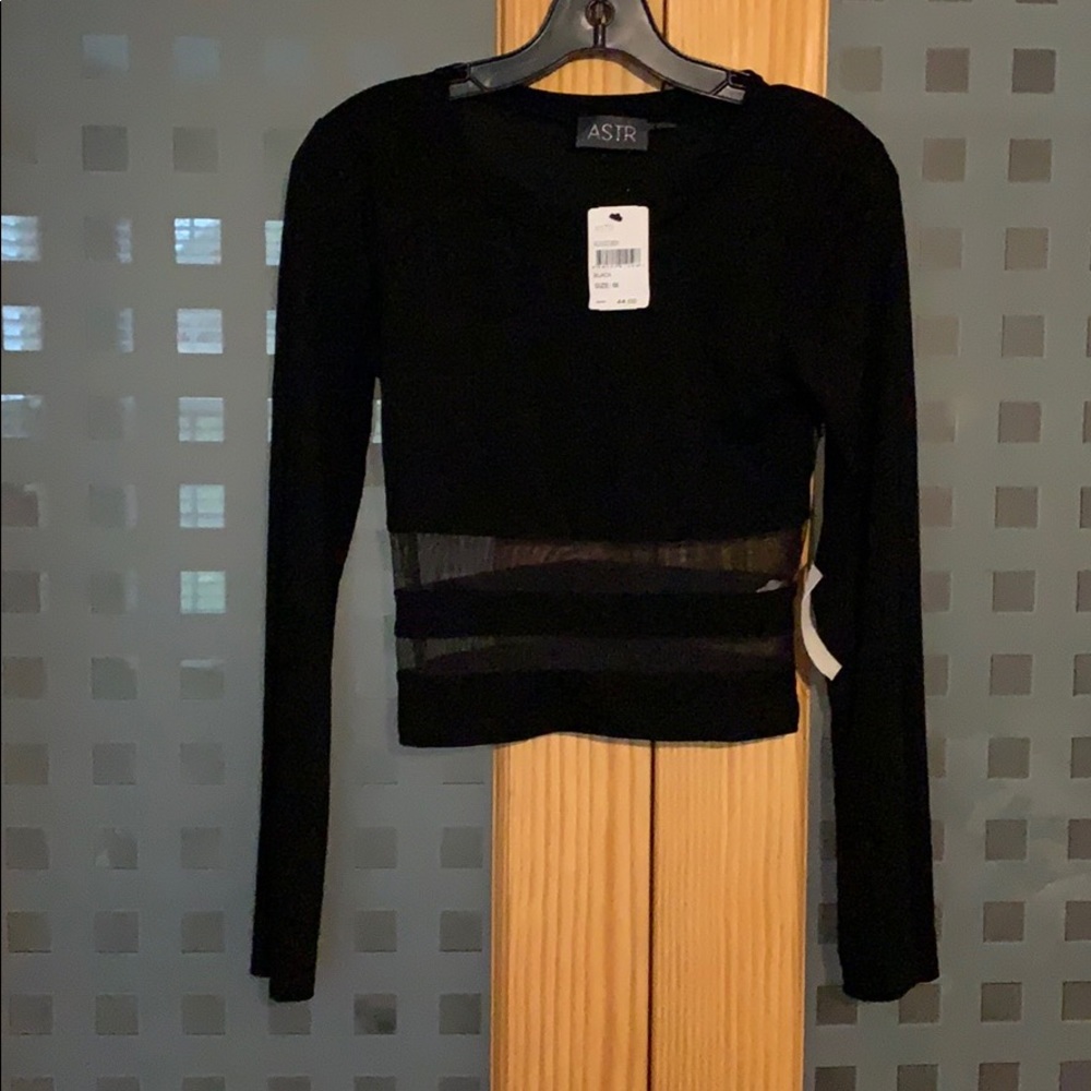 Black long sleeve crop top with sheet/mesh detail
